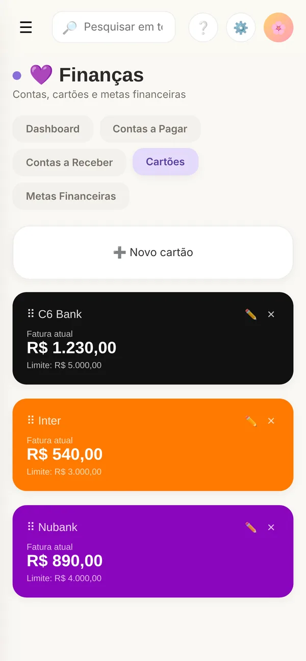 Tela de cartões de crédito