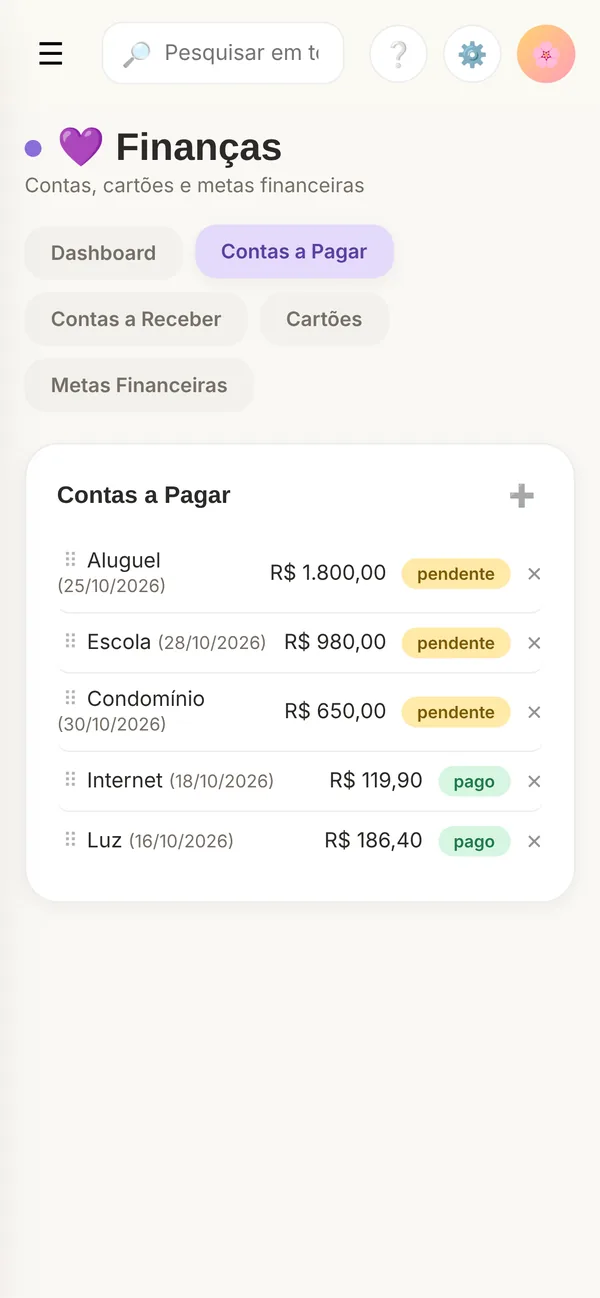 Tela de contas a pagar