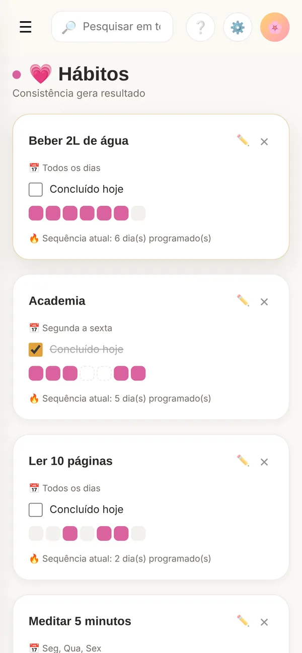 Tela de hábitos com sequência