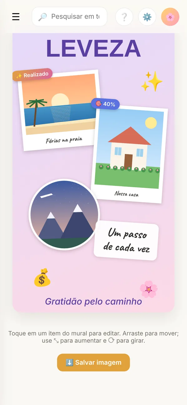 Mural dos Sonhos criado no app, com a palavra do ano e fotos